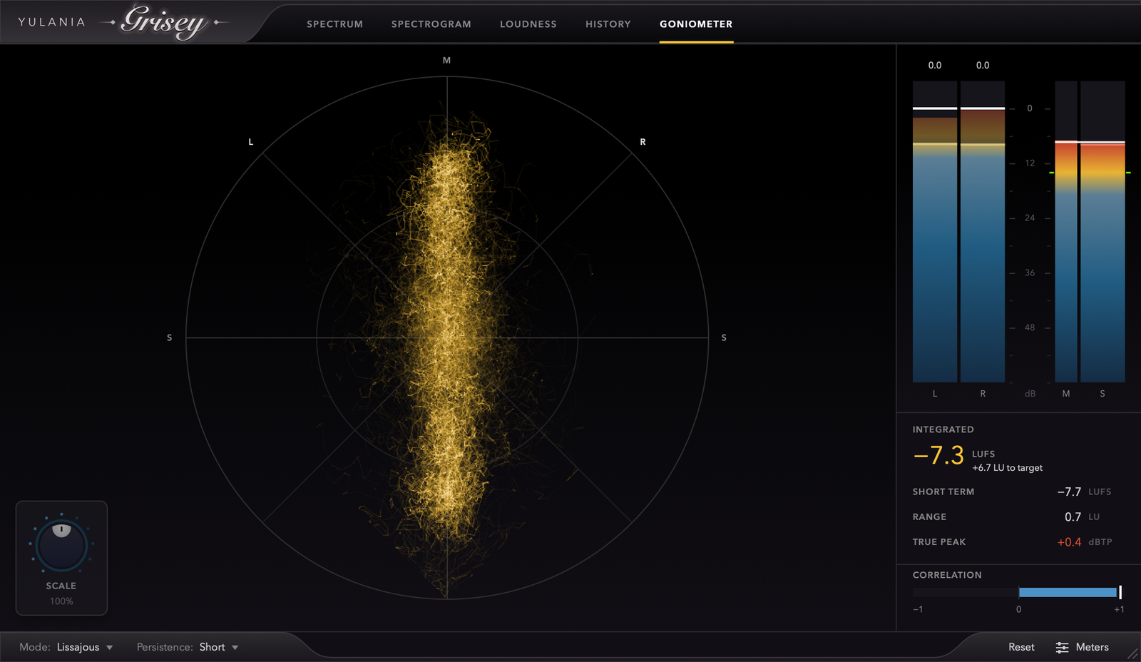 The goniometer view, showing the stereo image as a Lissajous plot
